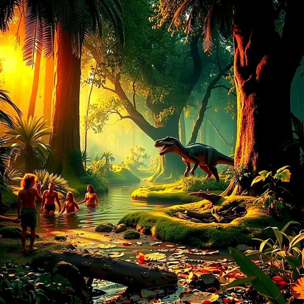 Velociraptor Stalks Humans in Forest Lagoon