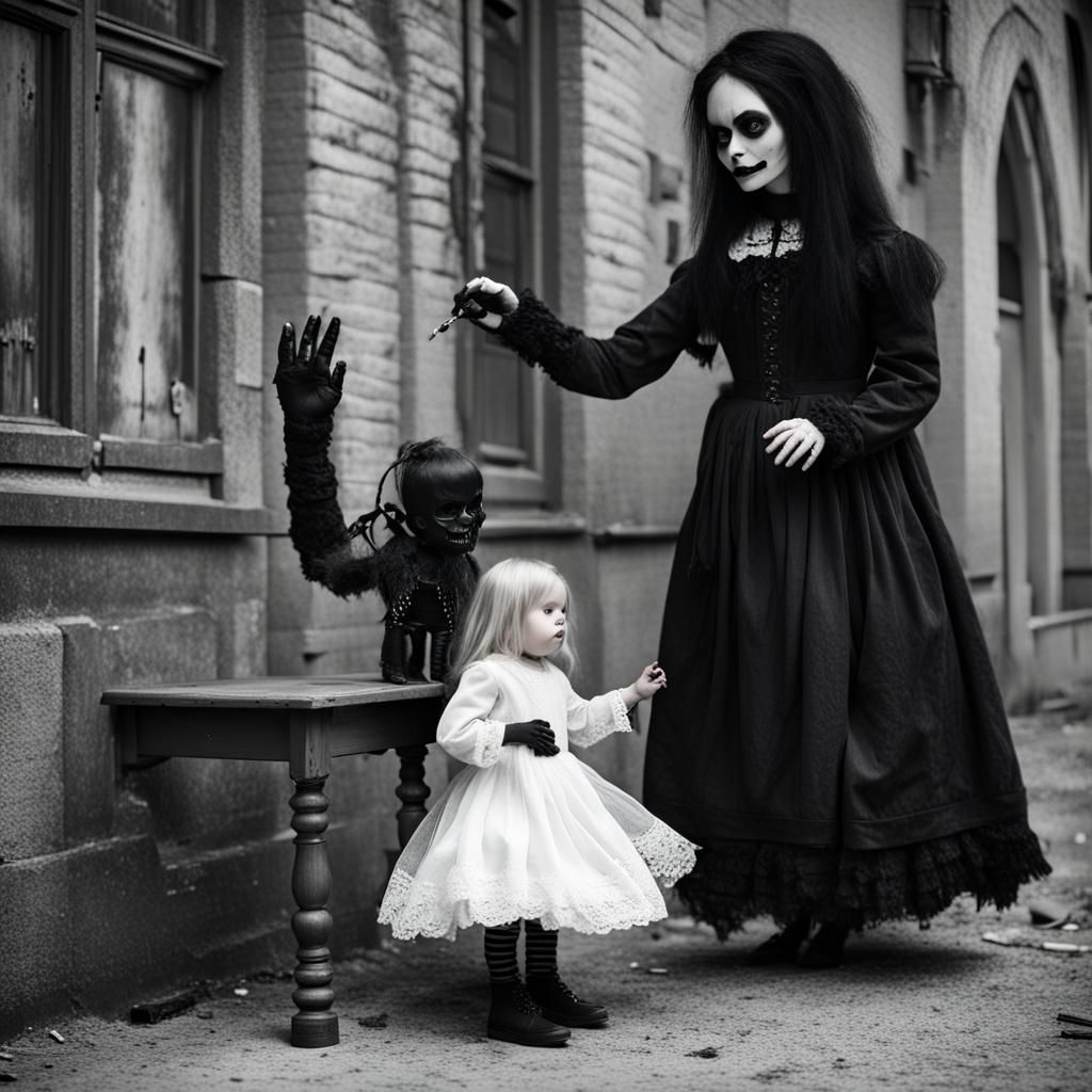 Giant gothic doll playing with little human girl