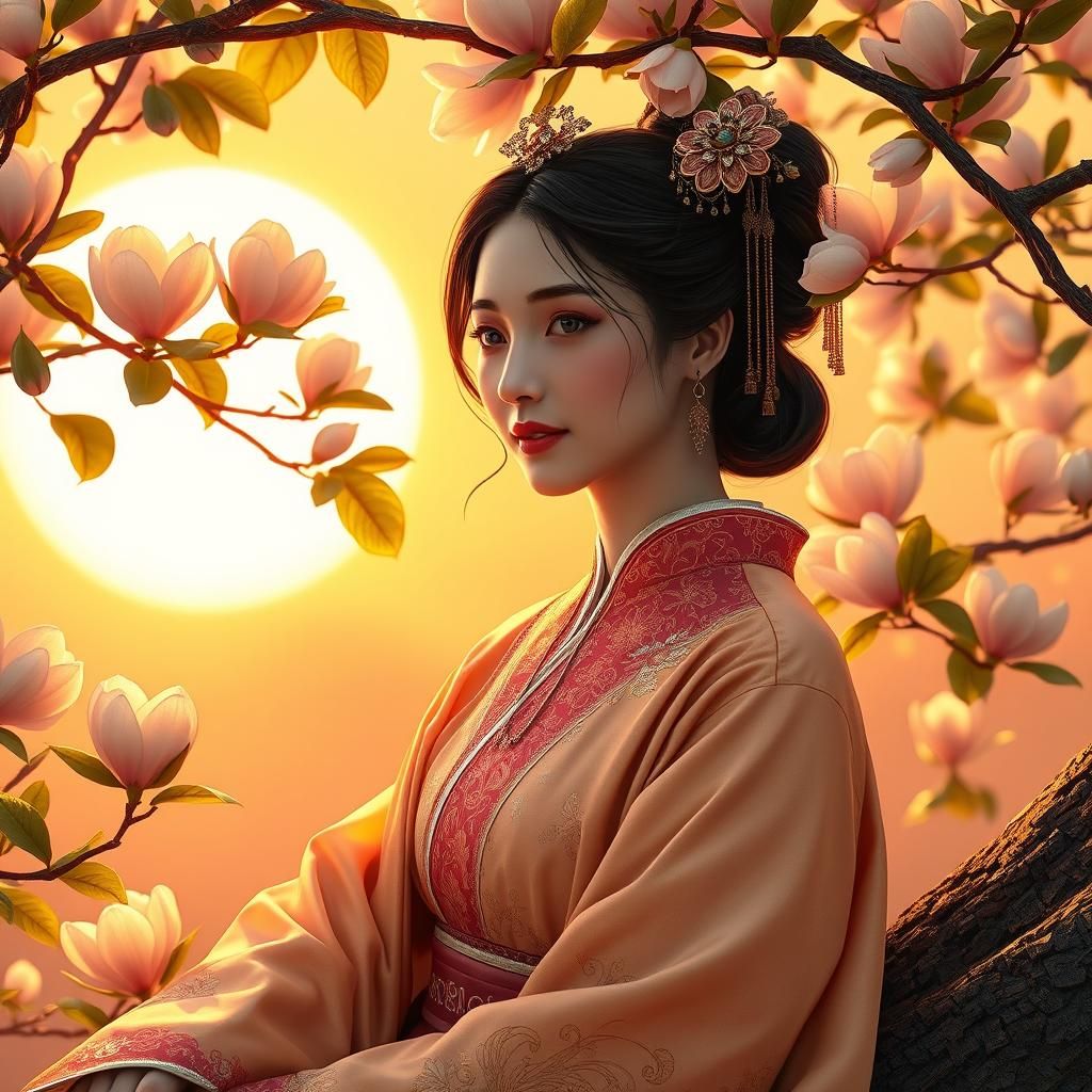 Hanfu Lady by Magnolia Tree, Watercolor Anime Style