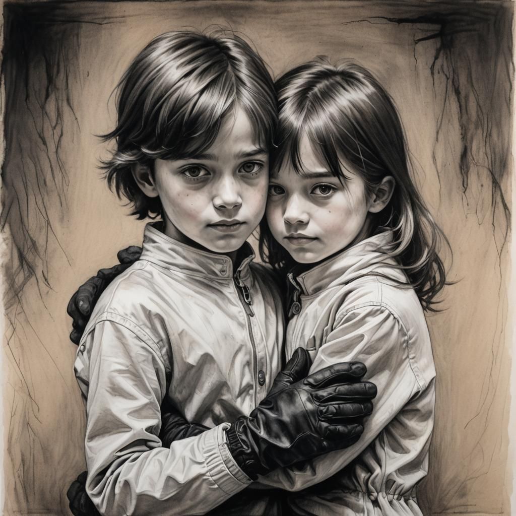 Expressive Charcoal Drawing of Siblings Embracing