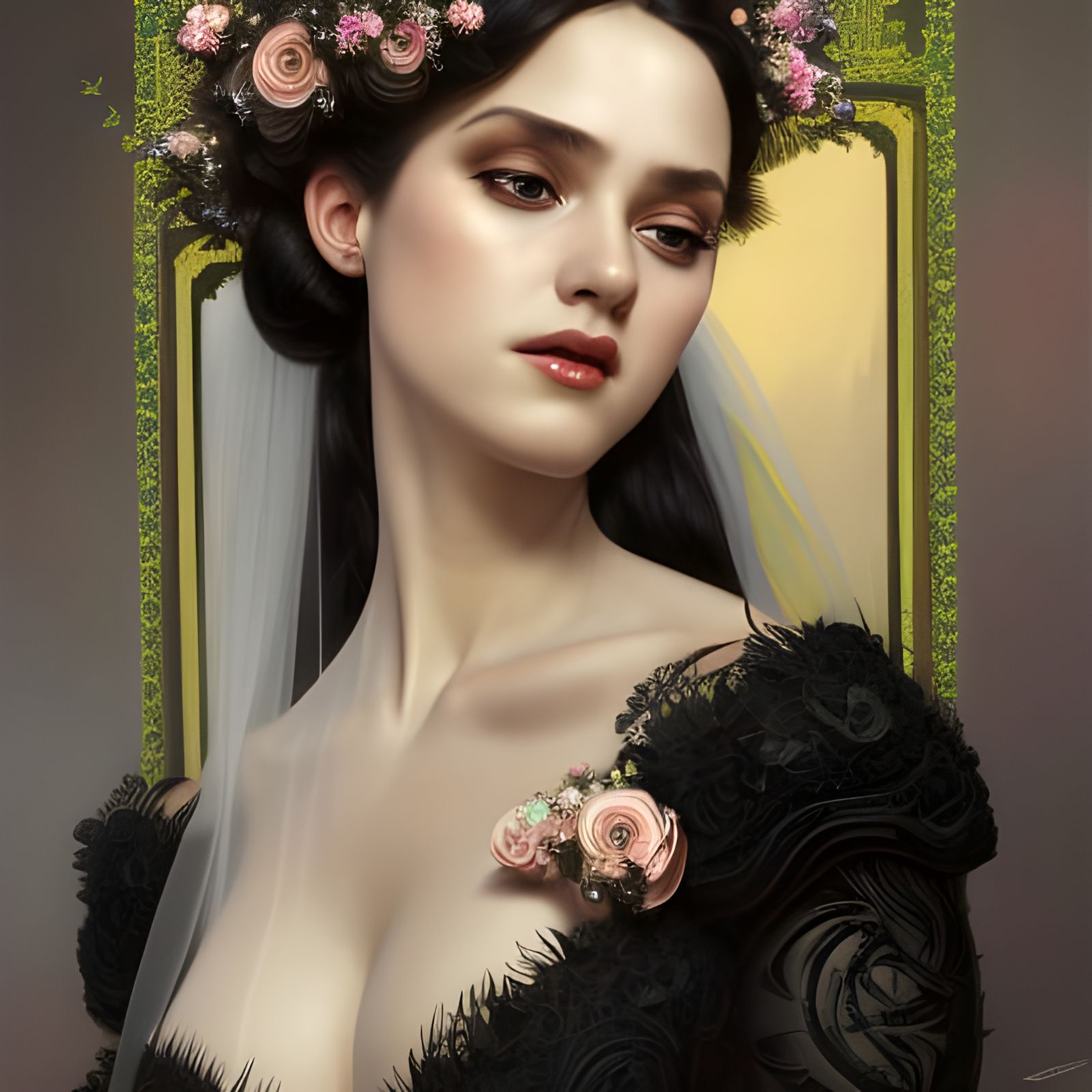 Beautiful Bride in Black Dress, Hyperdetailed Portrait