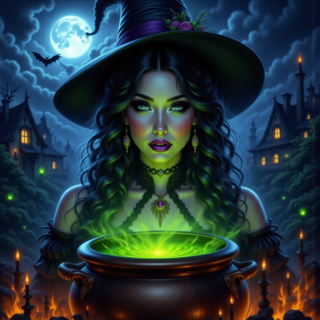 Glamorous Witch With Cauldron On Fire