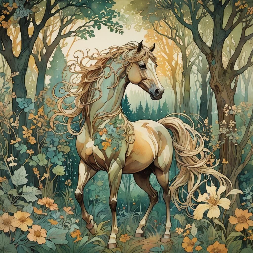 Surreal Art Nouveau Horse with Additional Limbs