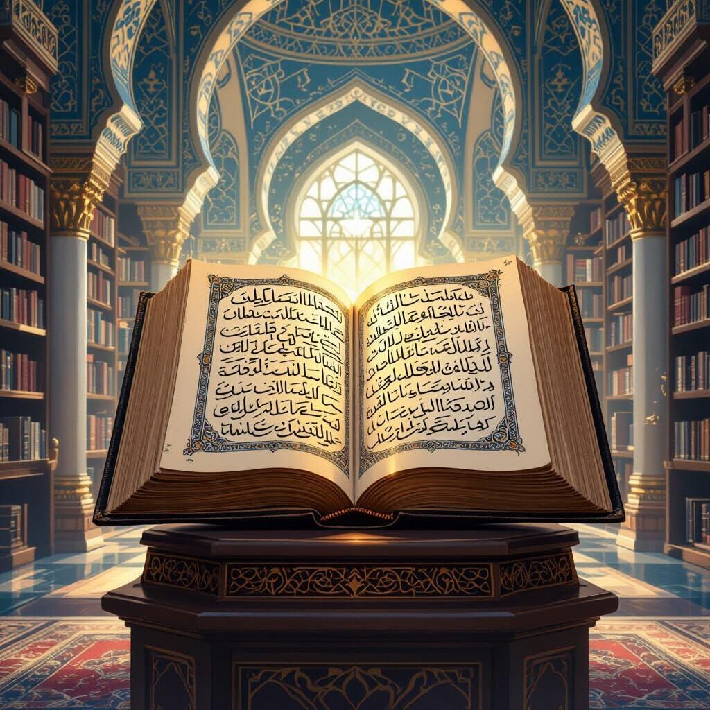 Arabic Calligraphy Book in Grand Library, Surreal Style