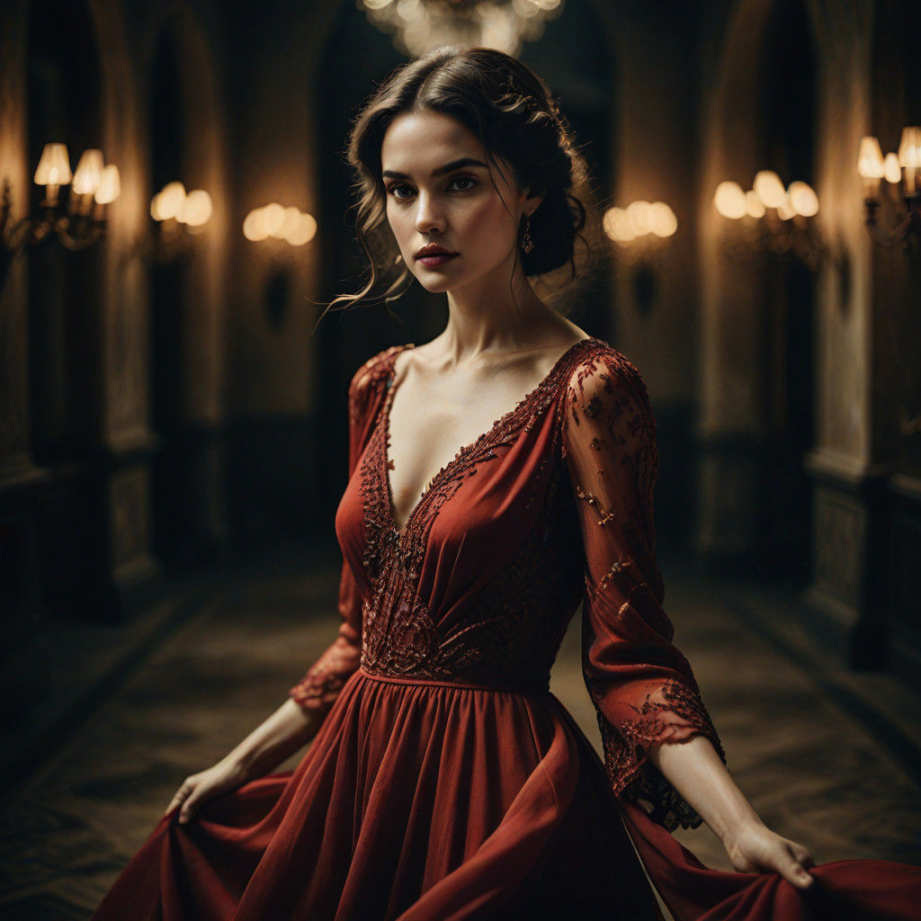 Beautiful Woman in Elegant Red Dress, Soft Focus, Warm Light...