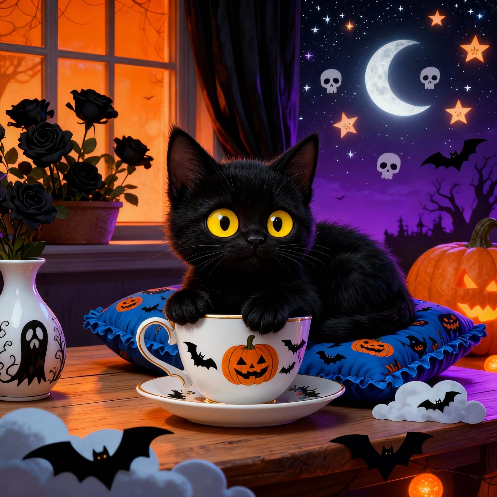 Adorable Black Kitty With Big Yellow Eyes Halloween Art