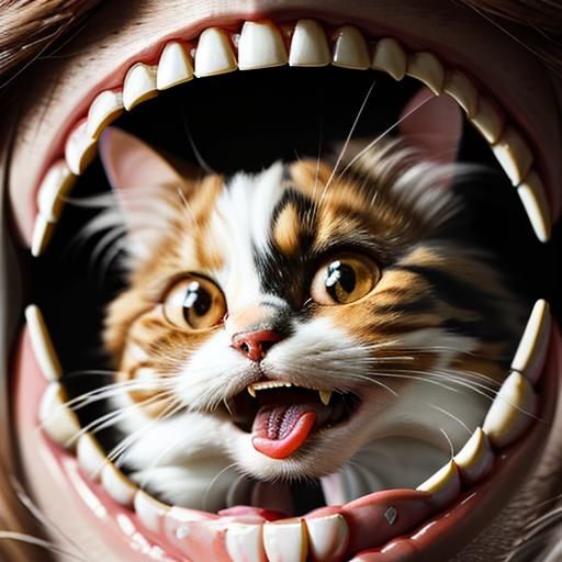 Calico Cat Inside Open Human Mouth: Detailed Photo