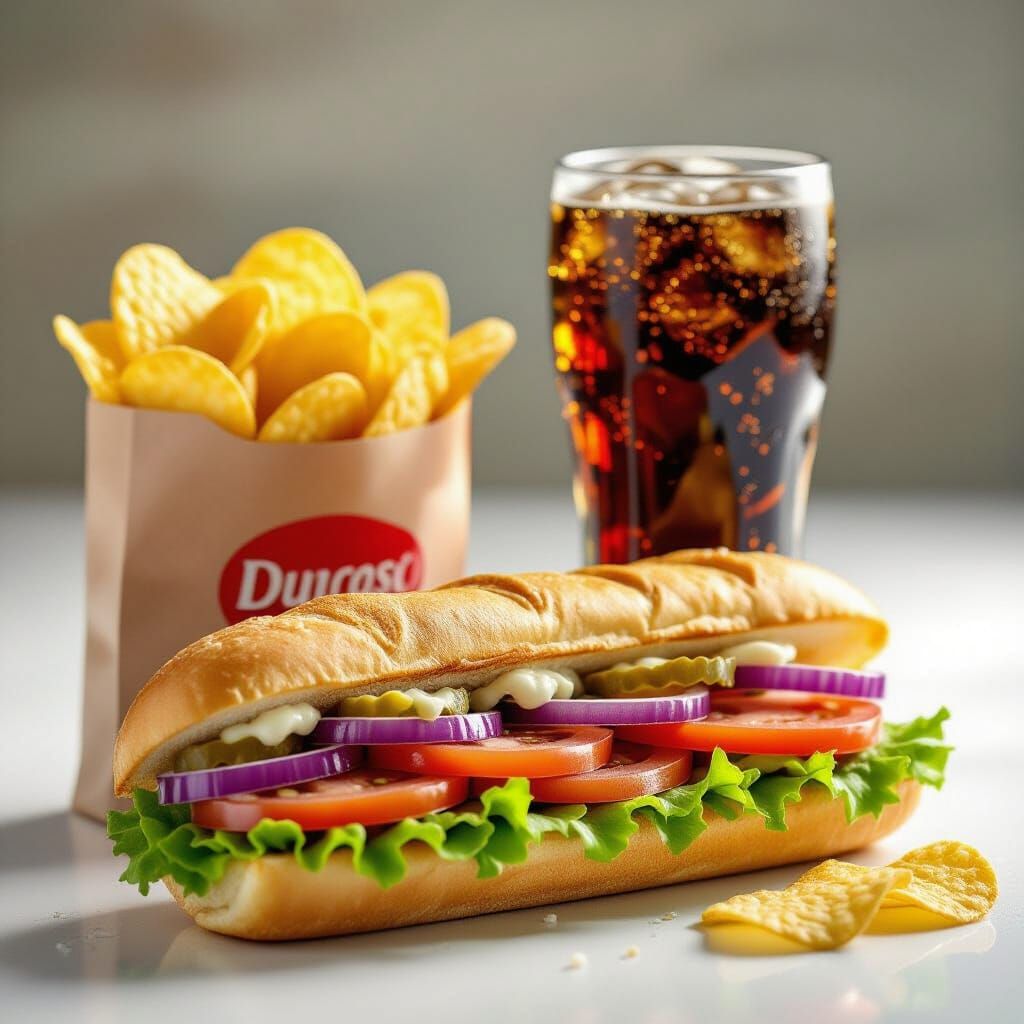 Hyper-Realistic Sub Sandwich, Chips, and Soda Still Life