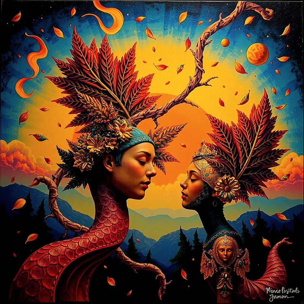 Vibrant Landscape with Pink Skin and Golden Leaves