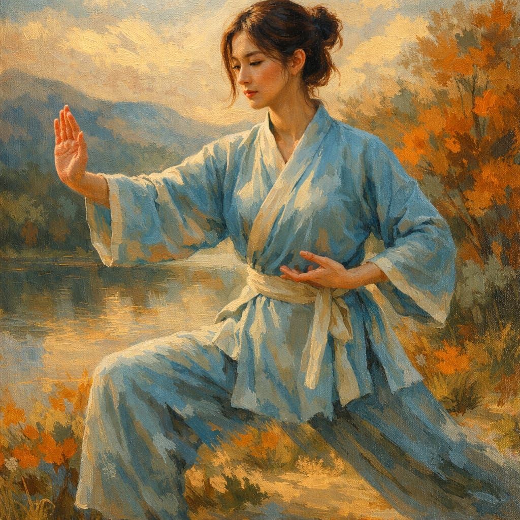 Young Woman Performing Tai Chi in Painterly Realism