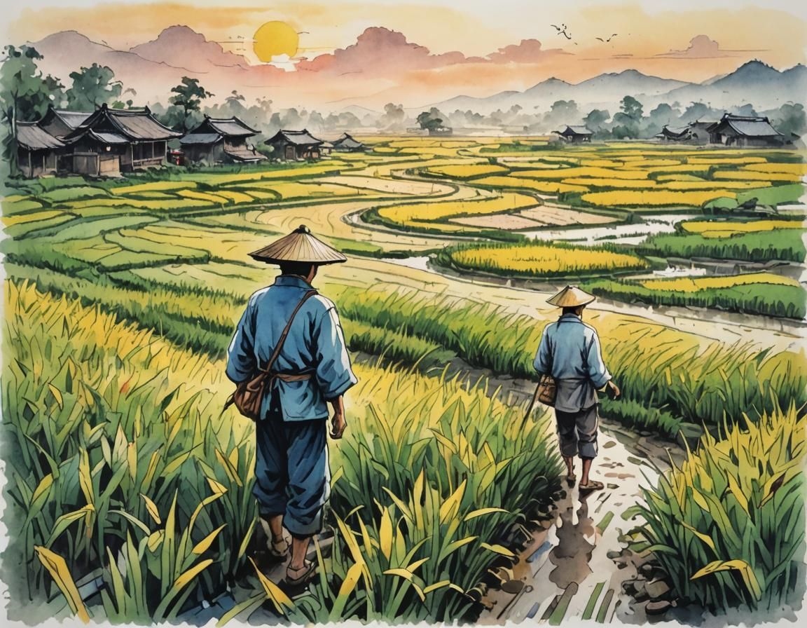 Chinese Ink Art of Farmer in Rice Field