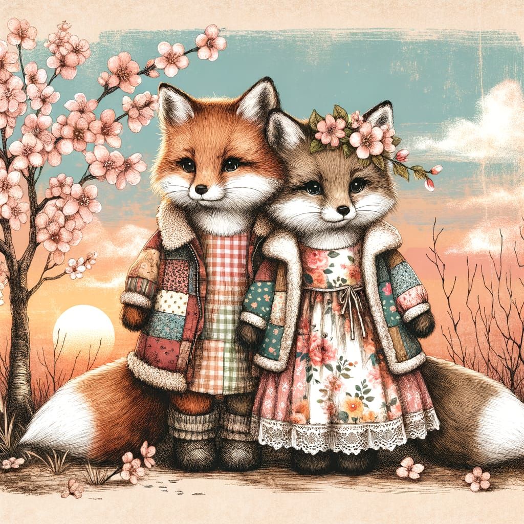 Fox Kits Snuggle Under Cherry Blossoms at Sunset