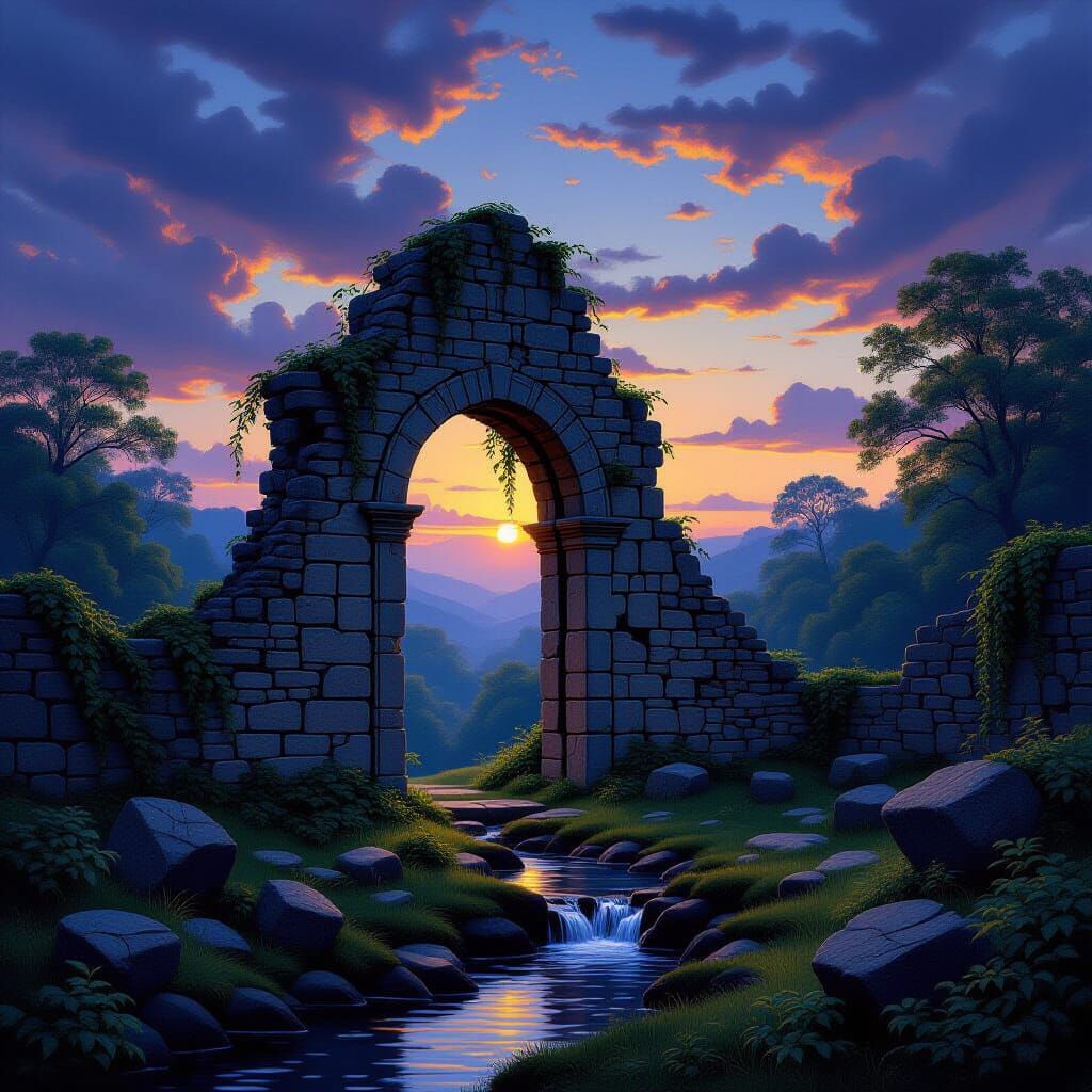 Ancient Ruin at Twilight in Oil Painting Style