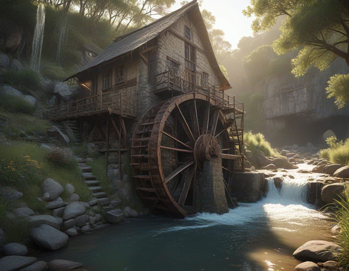 Surreal Water Mill in Whimsical Outback Fantasy Art