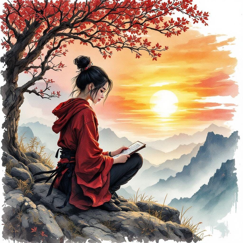 Asian Ninja Sunrise in Haenraets Watercolour Style