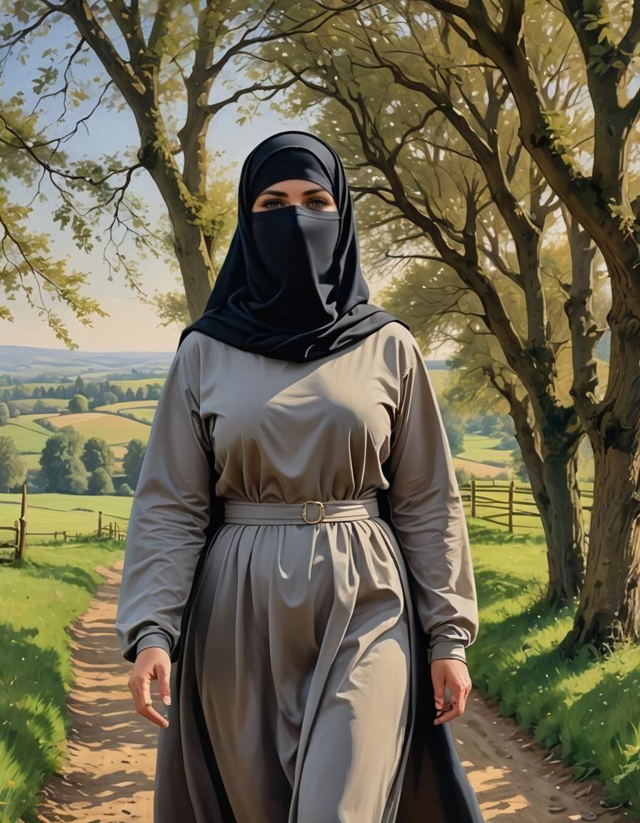 Woman in Niqab Walking in Countryside: Oil Painting