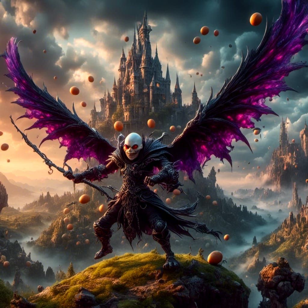 Gothic Demon-Fairy Flies Past Castle