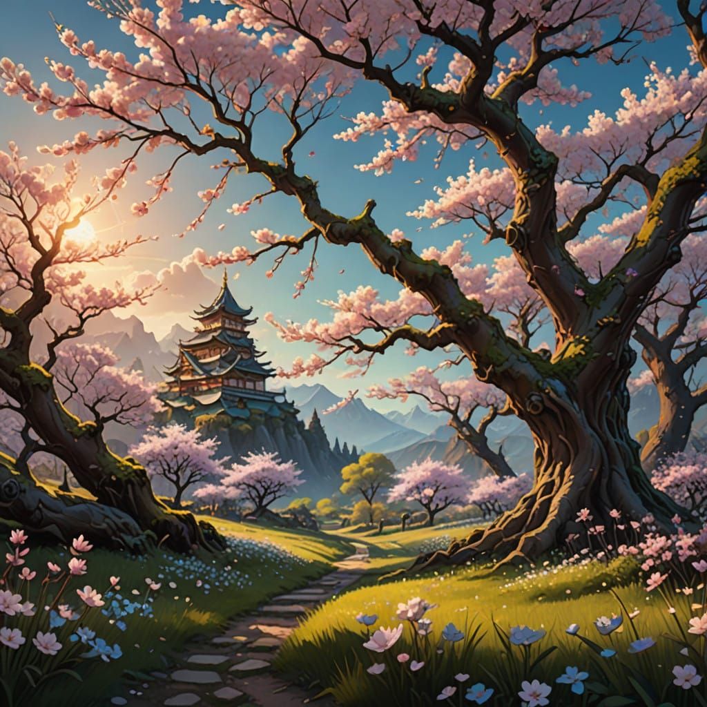 Surreal Cherry Blossom Wonderland in Vibrant Fantasy Style