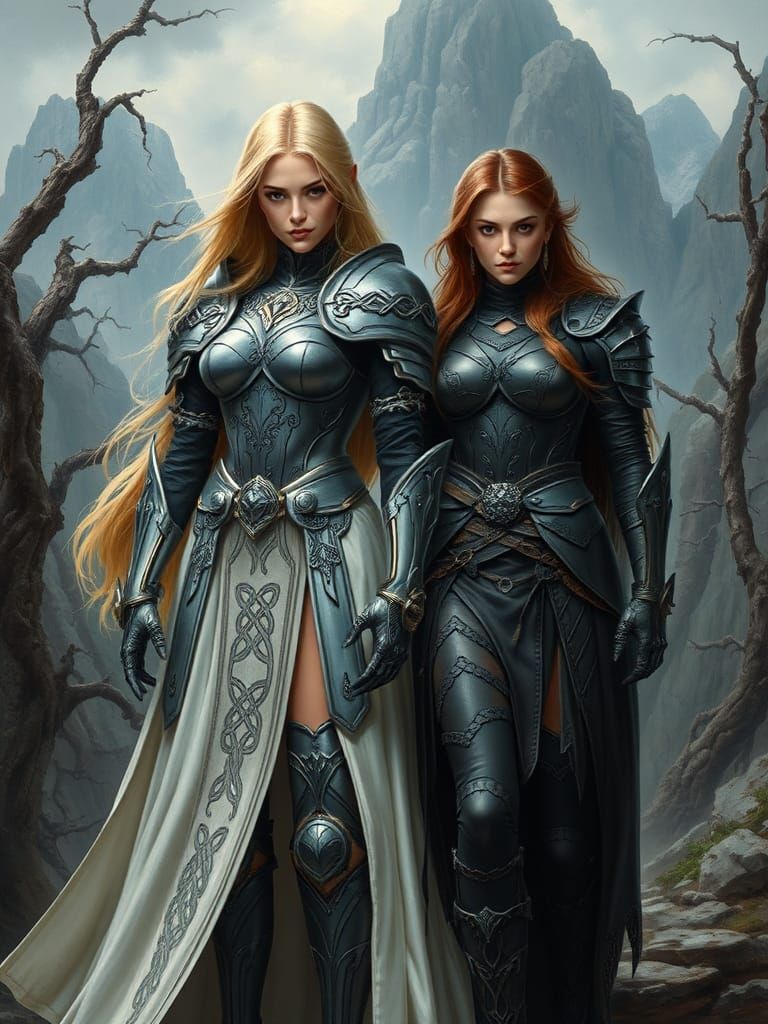 Fantasy Women in Combat Pose, Biomechanical Art Style