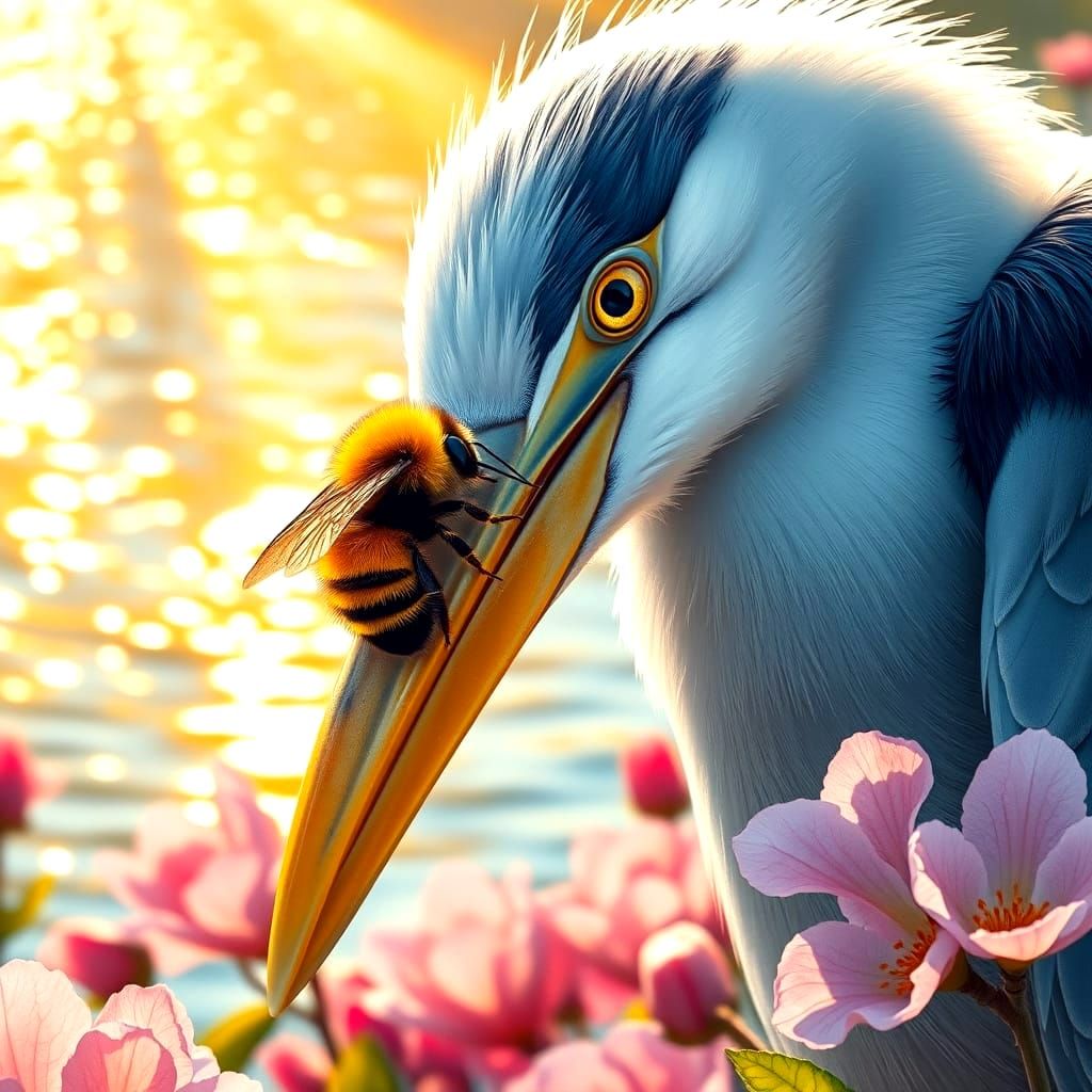 Vibrant Bumble Bee Perched on Serene Heron's Beak Amidst Lus...