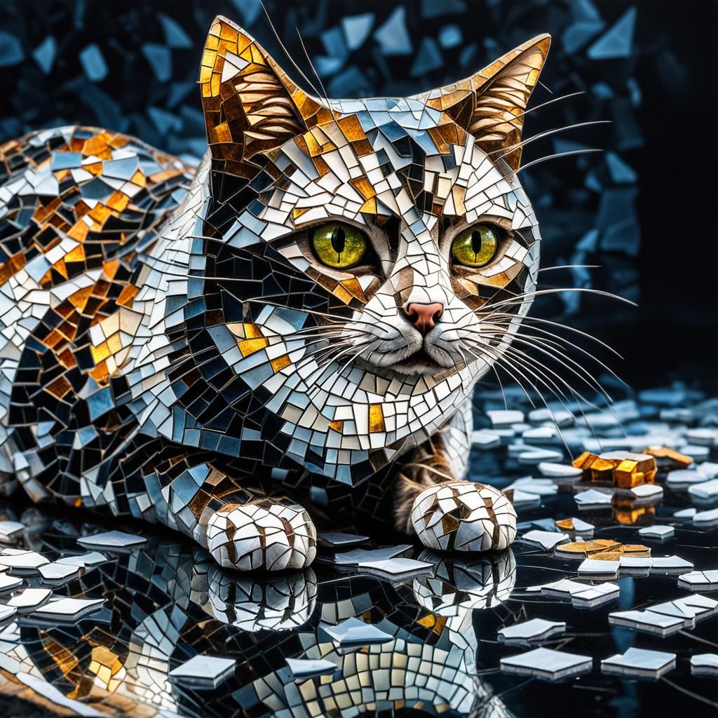 Mosaic Cat Made of Broken Glass