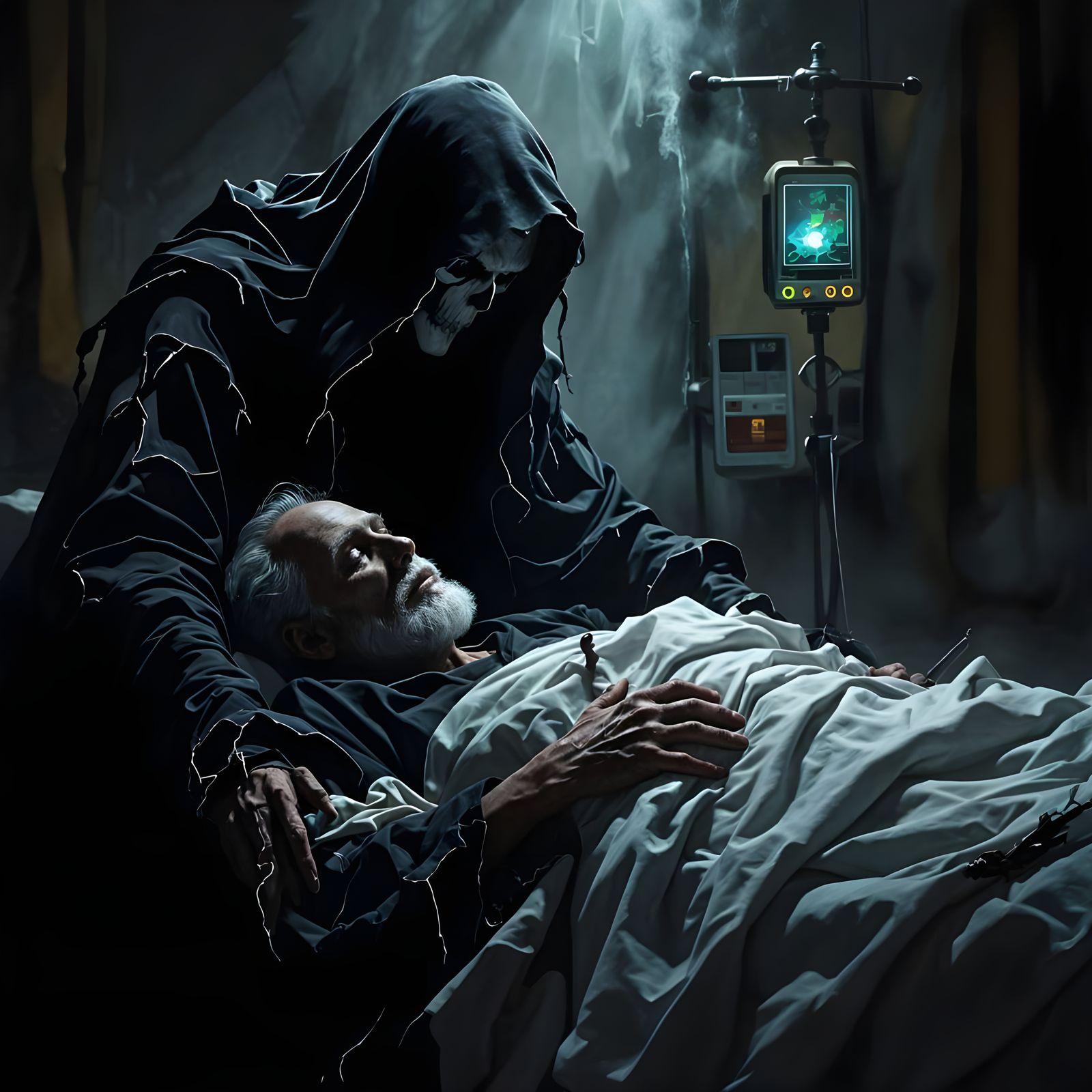 Death Watches Over Dying Man in Dark Gothic Art