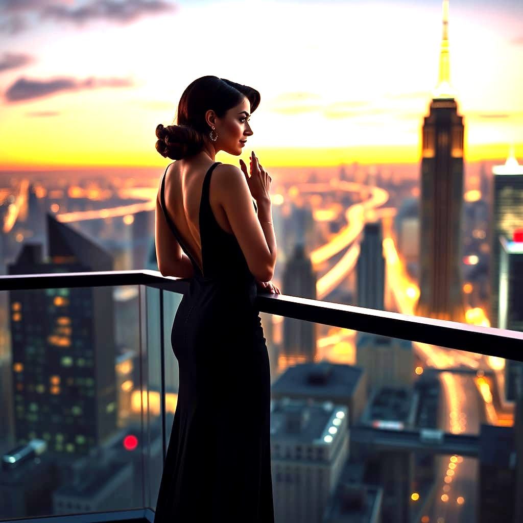 Art Deco Woman Overlooks Futuristic Cityscape