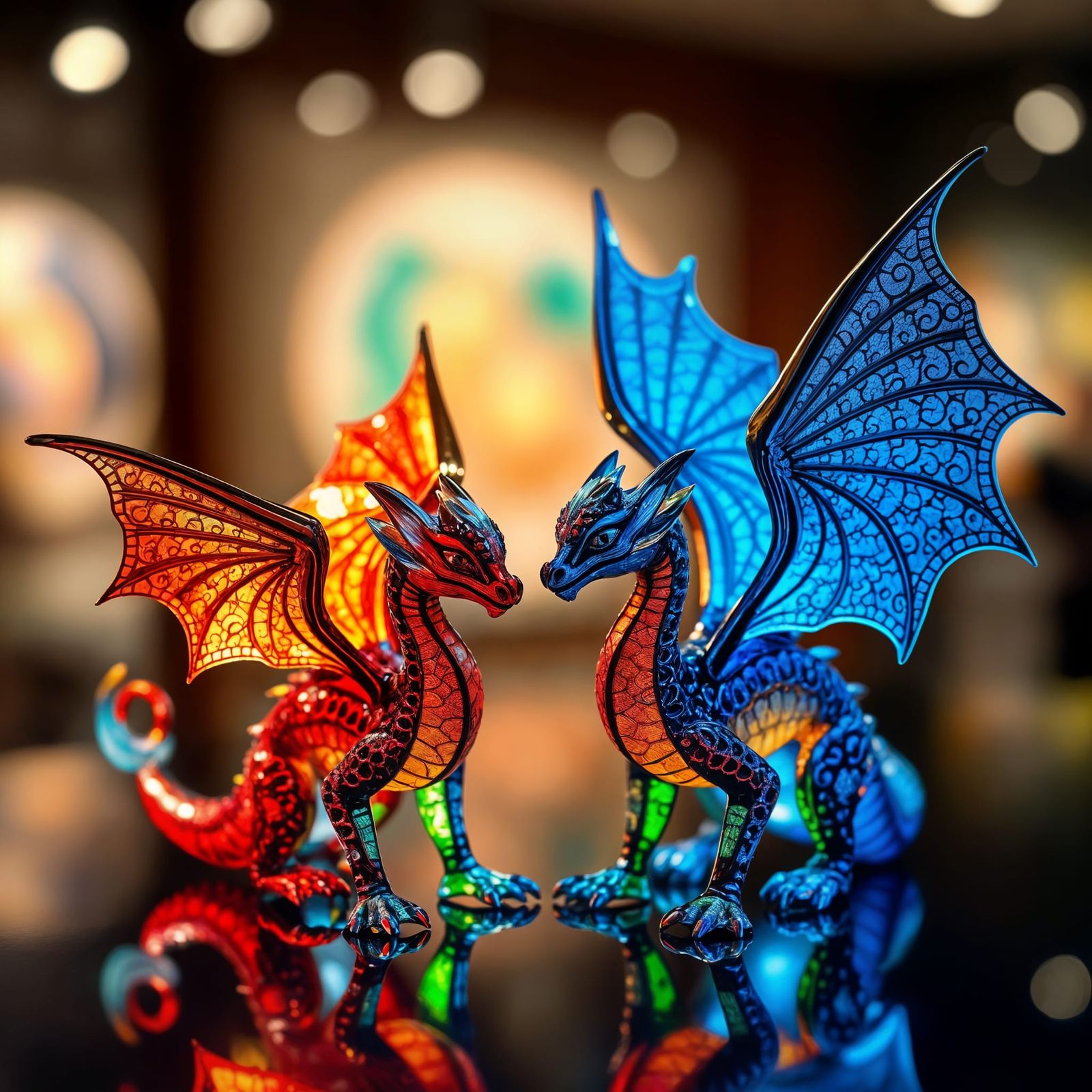 Backlit Enamel Glass Dragon Figurines in Vivid Colors