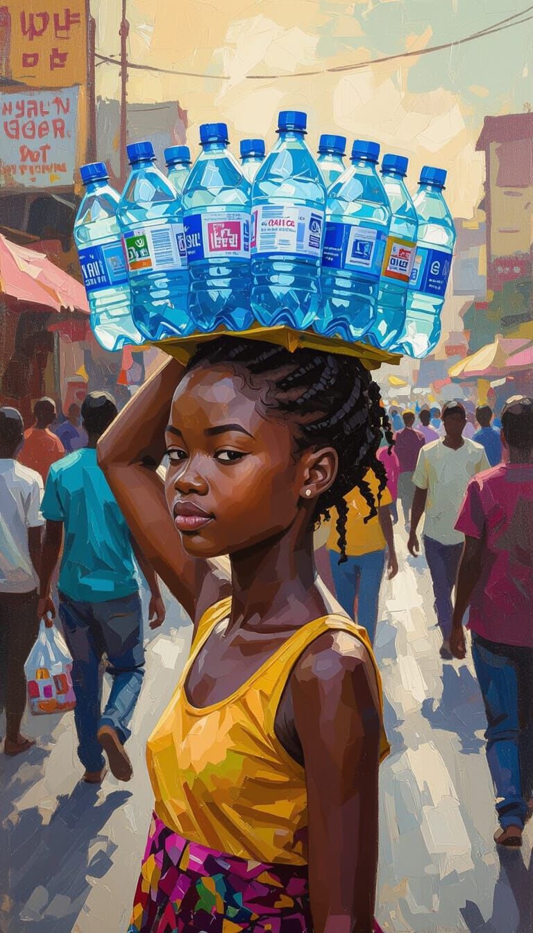 Nigerian Girl Sells Water on Busy Road as Impasto Painting