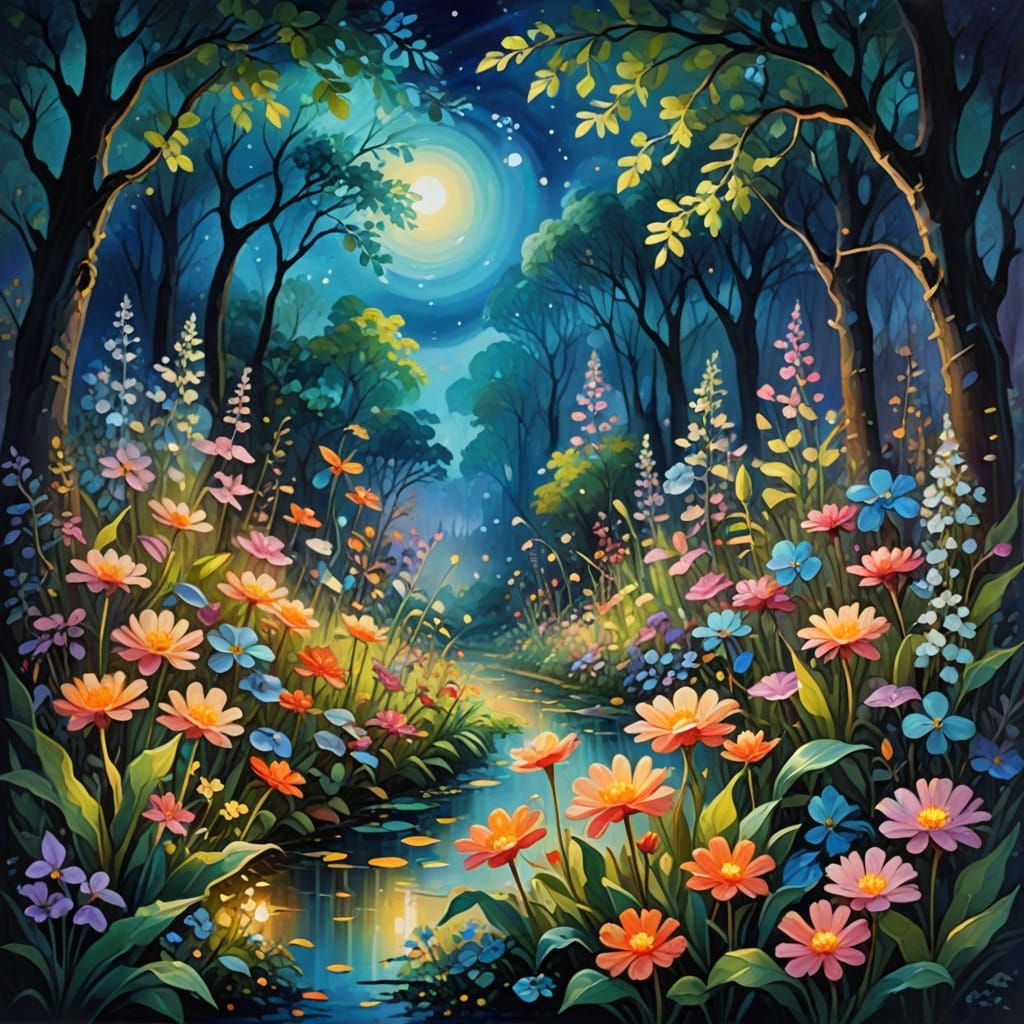 Magical Glowing Garden at Night: Vibrant Oil Painting