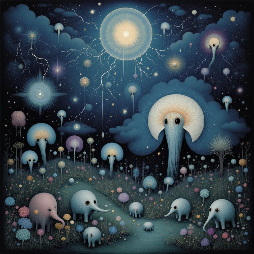 Surreal Dreamscape of Flying Elephants Under Stormy Skies