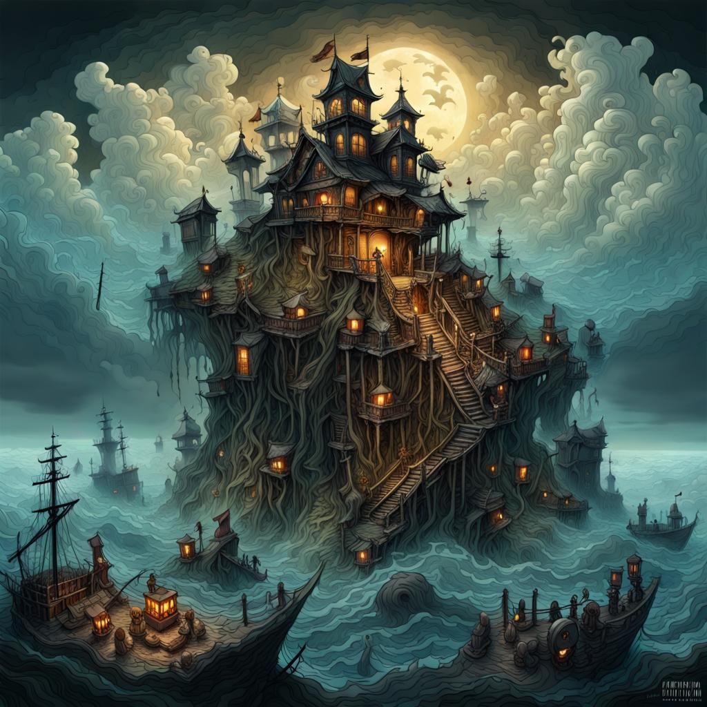 Floating Skull Island Pirate Hideout in Ink Illustration Sty...