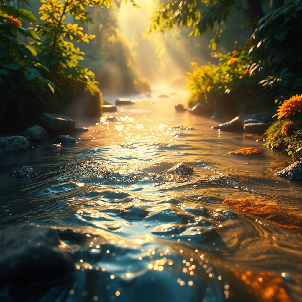 Serene Forest Brook Basks in Golden Light