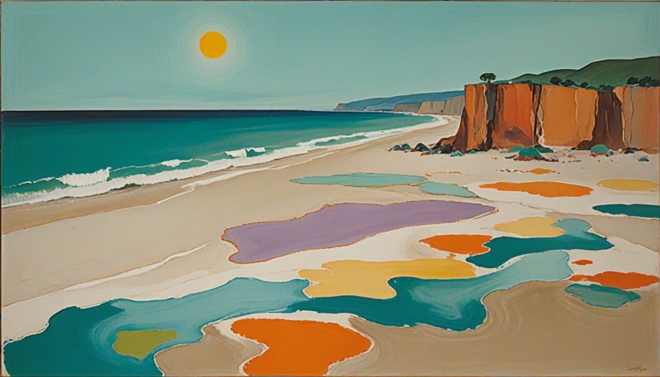 Warm Acrylic Beach Scene with Textured Rocks and Golden Ligh...