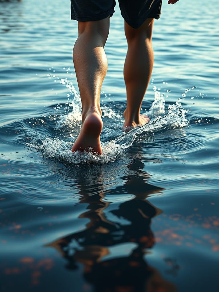 Male Feet Walking on Water in Vibrant Fantasy Scene