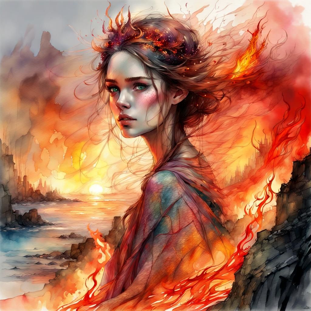 Stunning Princess with Fire Eyes: Digital Watercolor Art