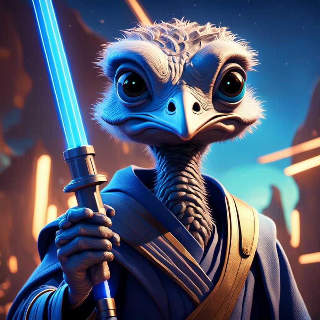 Ostrich Jedi Knight Concept Art in Pixar Style