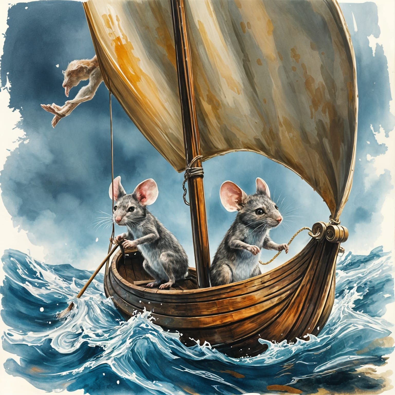 Mice Fight Storm on Raft: Impressionist Gouache Painting