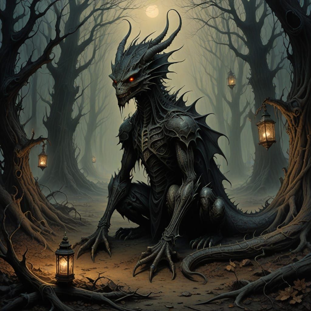 Majestic Dark Dragon in Gothic Fantasy Landscape