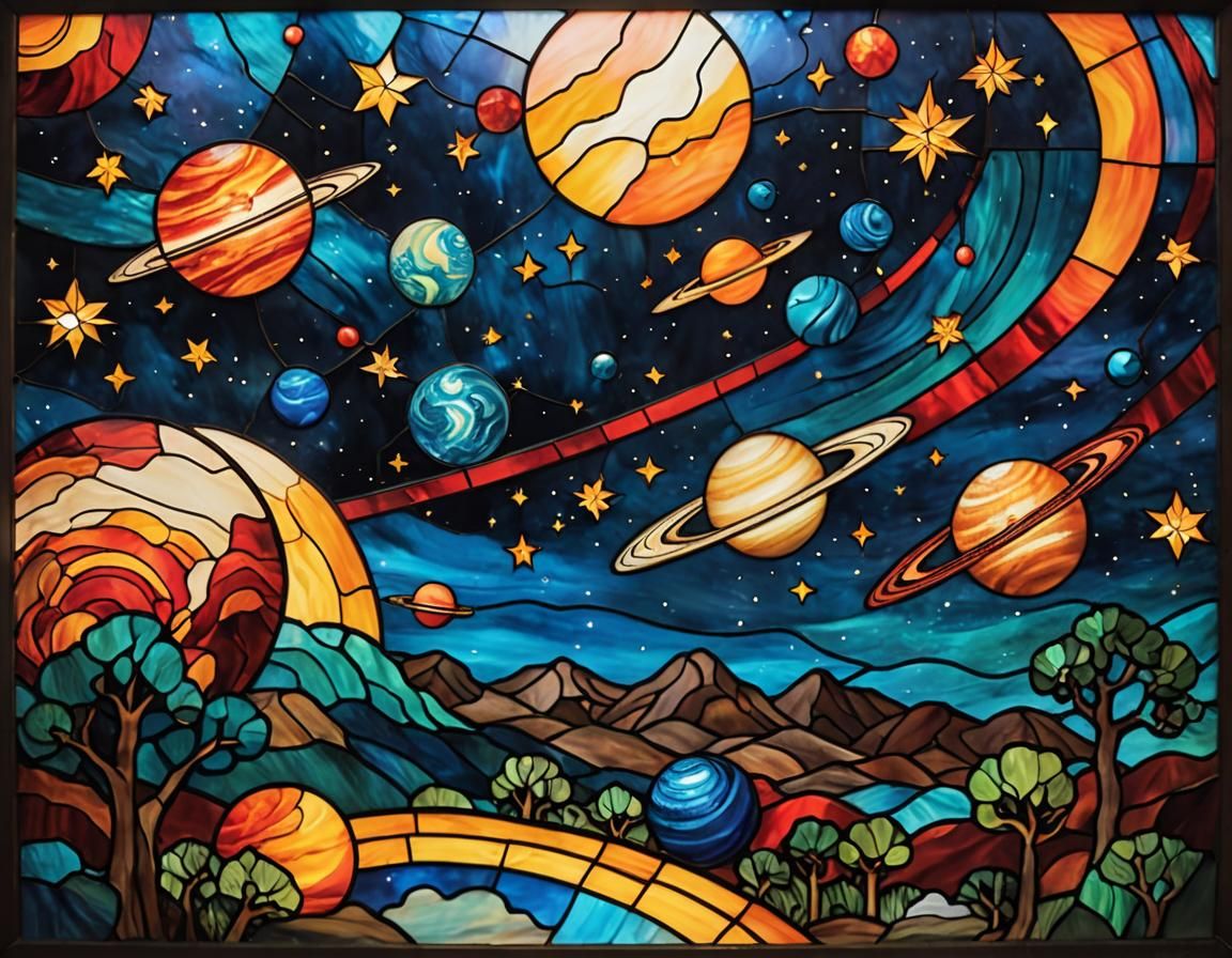 Stained Glass Space Scene in Arts & Crafts Style