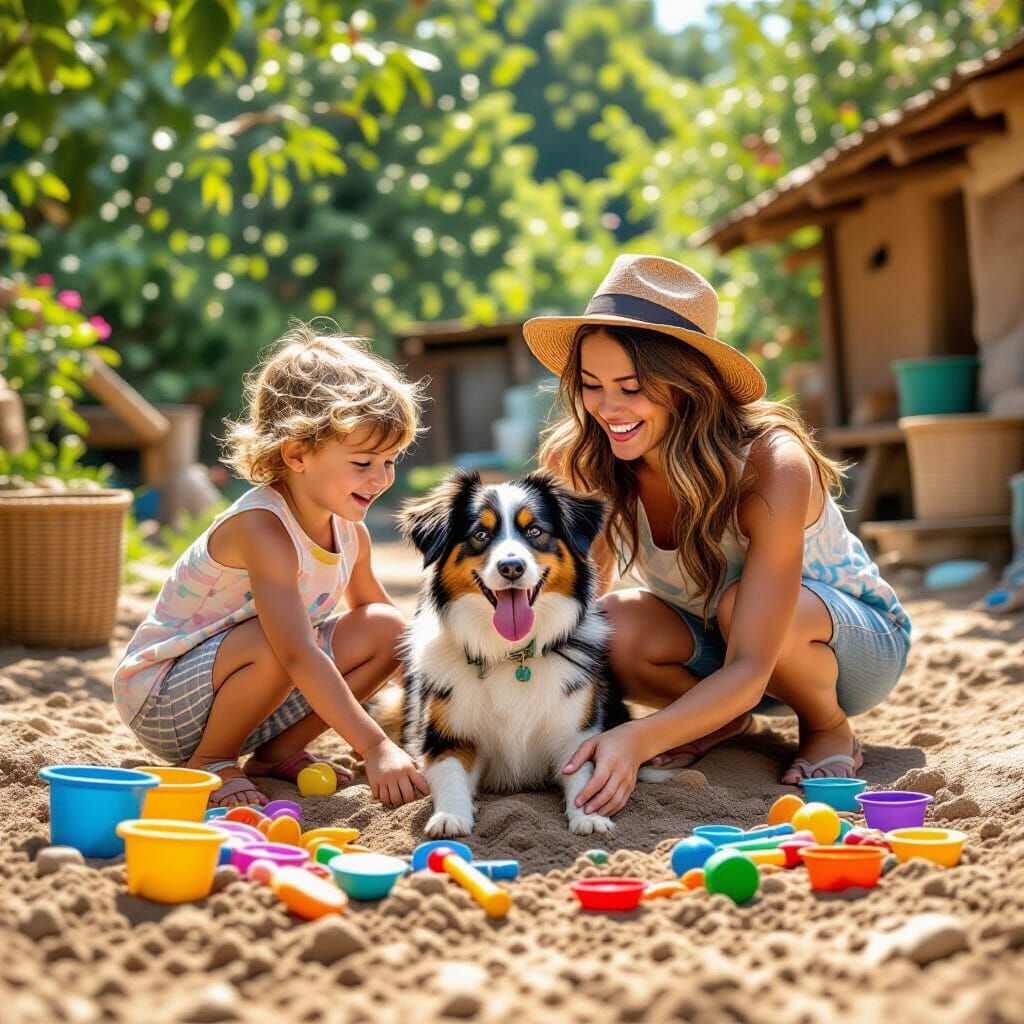 Children and Dog Playing in Clay, Photorealistic Style