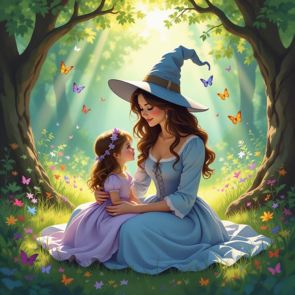 Enchanted Forest Scene With Loving Witch and Child