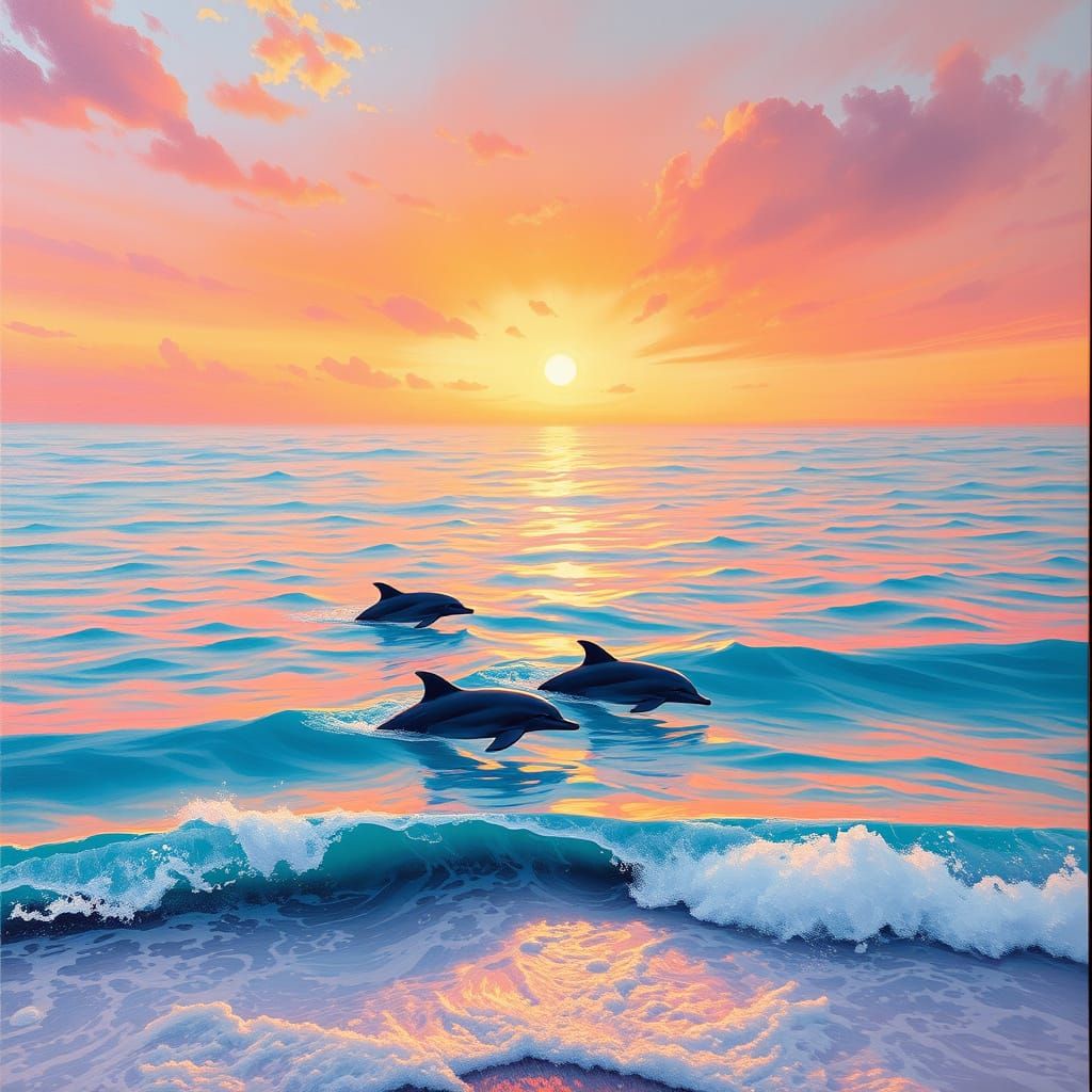 Peaceful Seascape at Sunset with Dolphins in Dreamy, Impress...