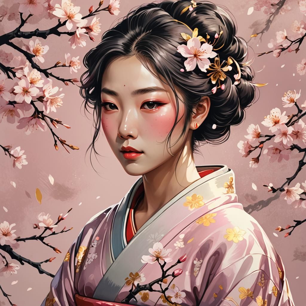 Ukiyo-e Inspired Portrait with Cherry Blossoms