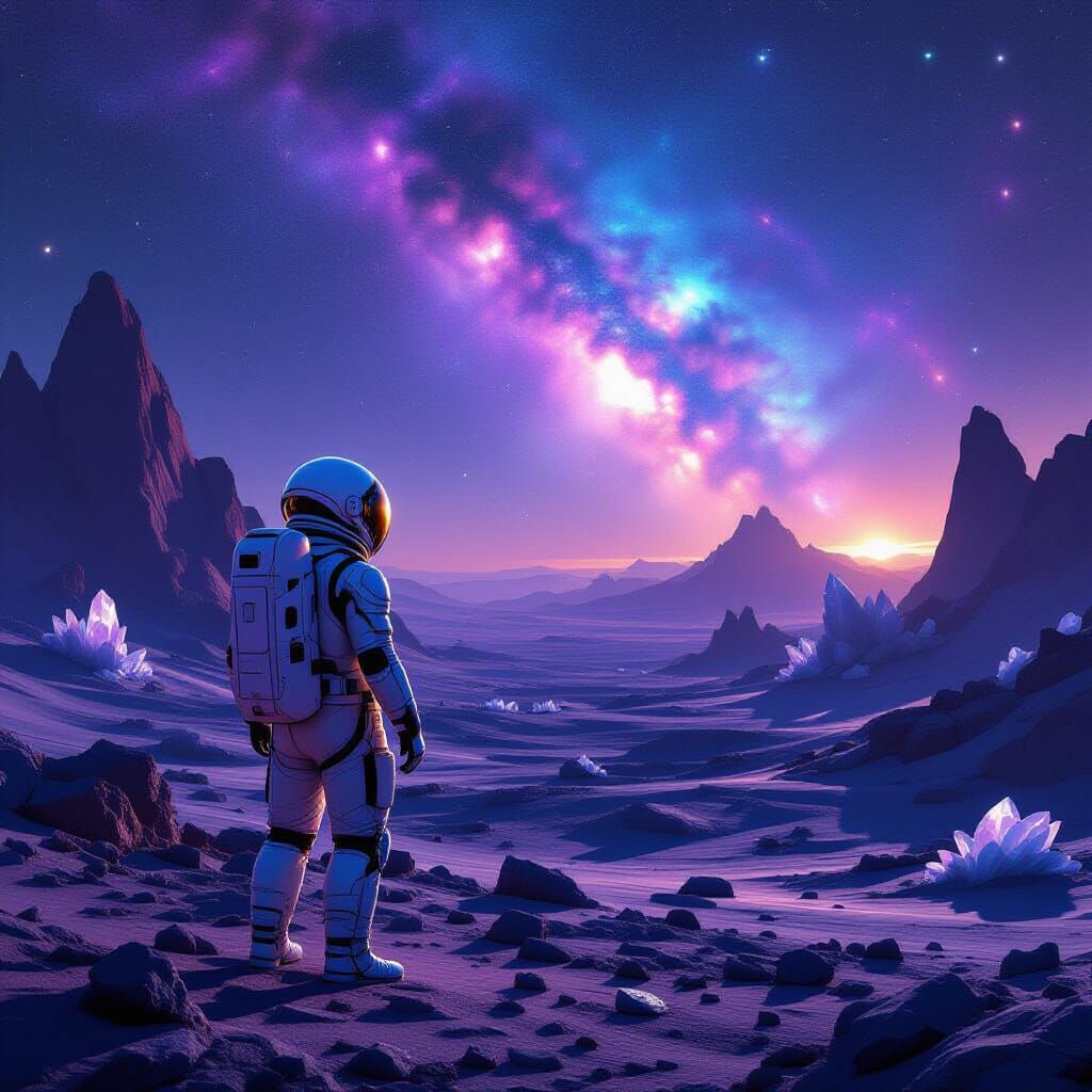 Astronaut on Alien Planet Gazing at Nebula Sky