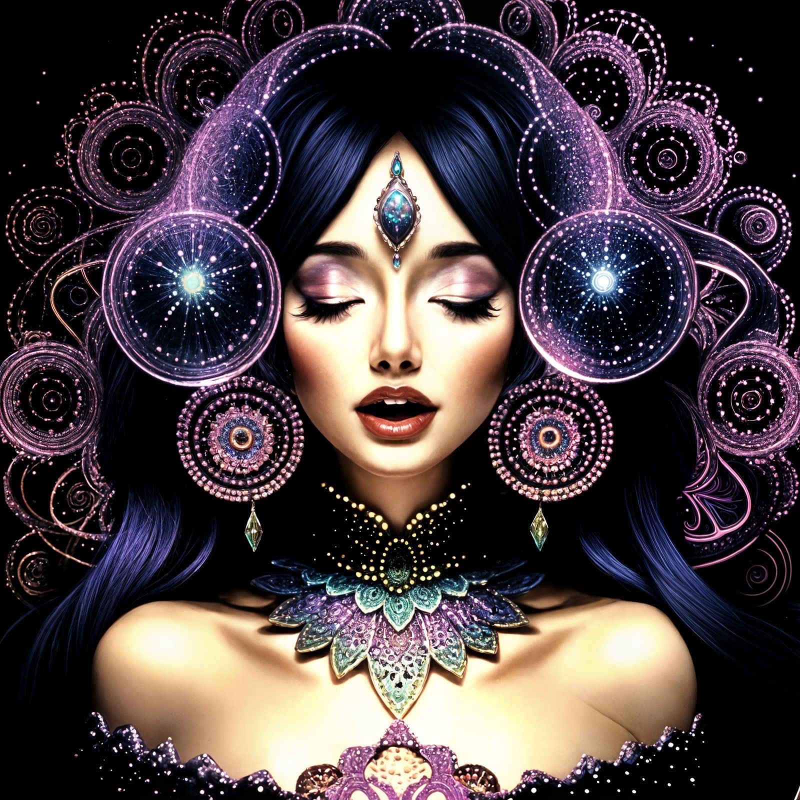 Surreal Woman Screaming with Eyes and Bubbles in Art Nouveau...