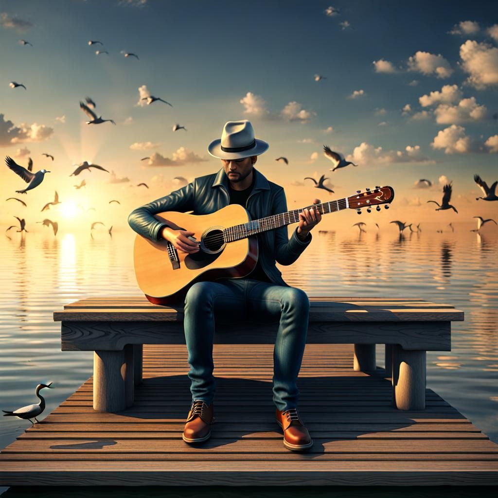 Man with Guitar at the Bay: 3D Render