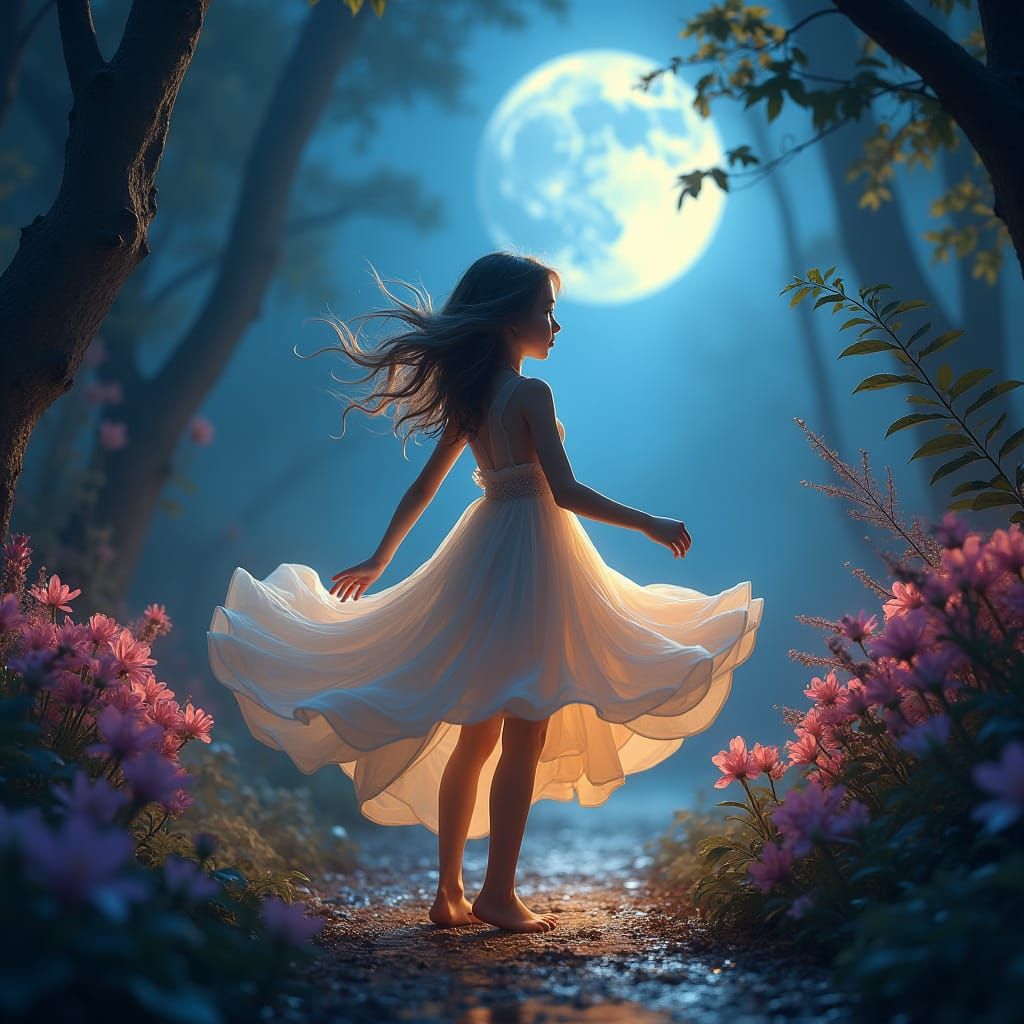 Ethereal Girl Dancing in Moonlit Garden