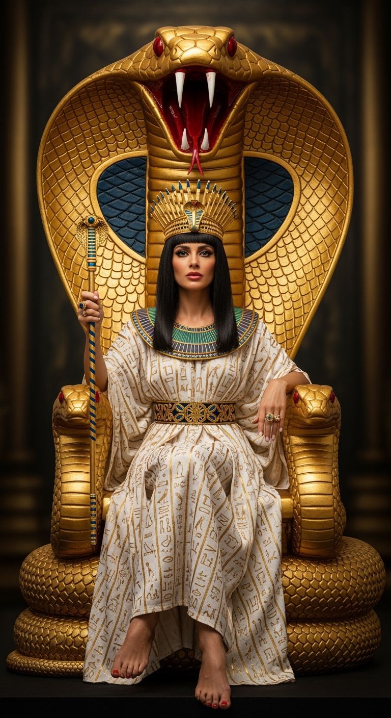 Egyptian Queen on Cobra Throne in Regal Setting
