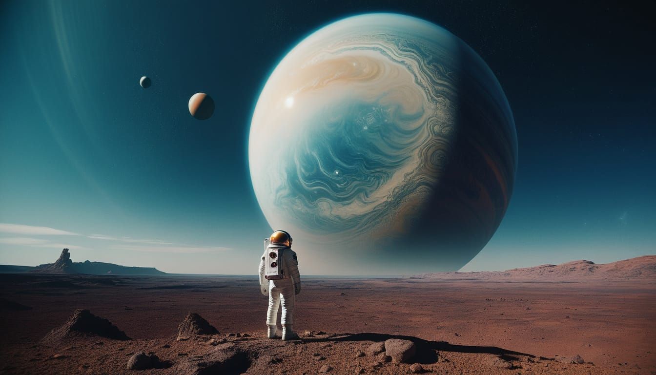 Astronaut Gazing at Ringed Gas Giant